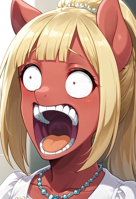 score_9, r0ug3, white dress, necklace, source_pony, ntm, <lora:enel-face-ponyxl-lora-nochekaiser:1> enel face, open mouth, wide-eyed, teeth, tongue,