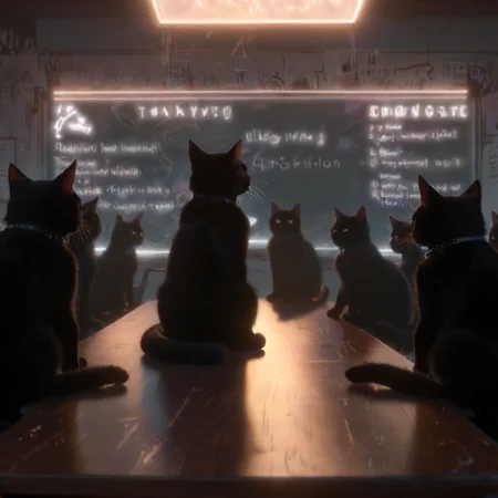 Black, Ultra High Definition, dark fantasy aesthetic, a group of cats in a meeting. there is a whiteboard with "stack more layers" written on it., (chromatic aberration) outlines, bloom effect, soft lighting, CG particles effect, 4K resolution, detailed pupils,<lora:neg4all_bdsqlsz_xl_V9:0.7> <lora:add-detail-xl:0.7>