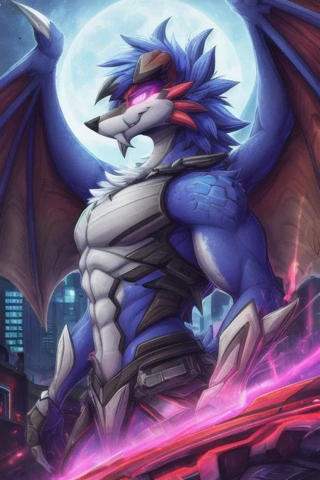 Shiny Lycanroc, dragon, brave male, blue fur, blue skin, blue body, dragon accents, scalie, Dragon scales, reptile scales, large dragon wings on his back, wolf ears, he is the alpha wolf, arms crossed, Howling to the red moon, (hyper realistic 1.7), standing, left eye is Green, right eye is red, eyes, shiny eyes, glowing eyes, perfect eyes, Pixar eyes, long fluffy tail, very large tail, tail up, very furry and fluffy, very large fangs, sabertooth fangs, smiling, perfect ligthing, very large claws, blue flames around him, full side view, cyberpunk city background, retrowave, synthwave, some muscles, waistcoat armor, brave pose, hero pose, big red moon, spikes on body, (dimwitdog 2.7), (thesecretcave 1.9), (zaush 1.6), (cooliehigh 1.9), (R-mk 1.9), (complextree 2.4), (pixelscketcher 1.9), (Cervina7 1.4), (messh 1.9), (eternityzinogre 2.1)