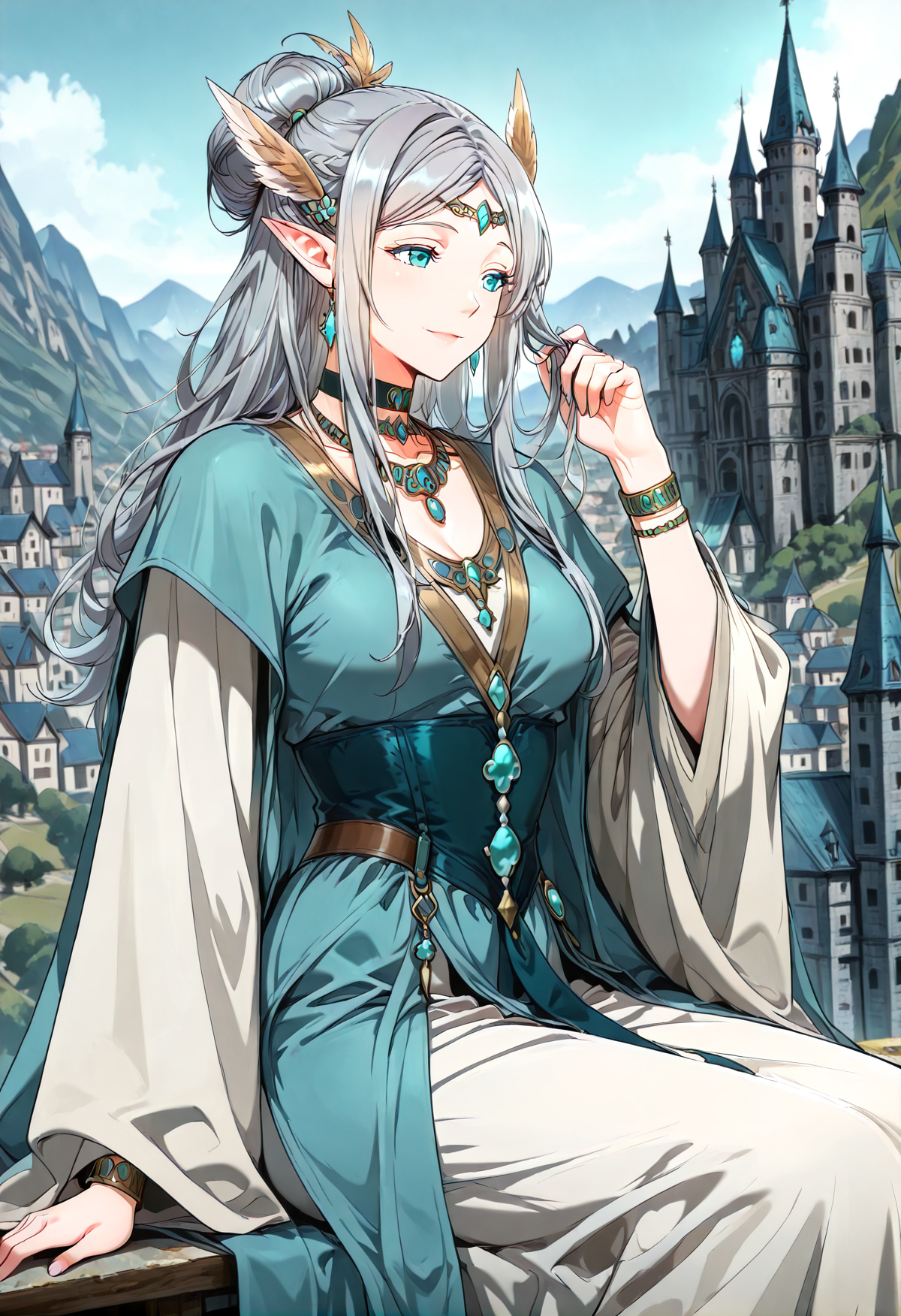 <lora:Merial_Eralith__The_Beginning_After_the_End__Illustrious:1>
1 girl, solo, elf, pointy ears, aqua eyes long hair, grey hair, ponytail, braid, single hair bun, 
dress, long sleeves, wide sleeves, hair ornament, circlet, jewelry, earrings, necklace, choker, head wings, <lora:iLLMythG0thicL1nes:1> 
score_9, score_8_up, score_7_up, very aesthetic, source_anime, detailed, high quality, beautiful, masterpiece, detailed eyes, castle, village, blurry background, cityscape, pose dynamic angle, light smile, open mouth, hand on hair, sitting