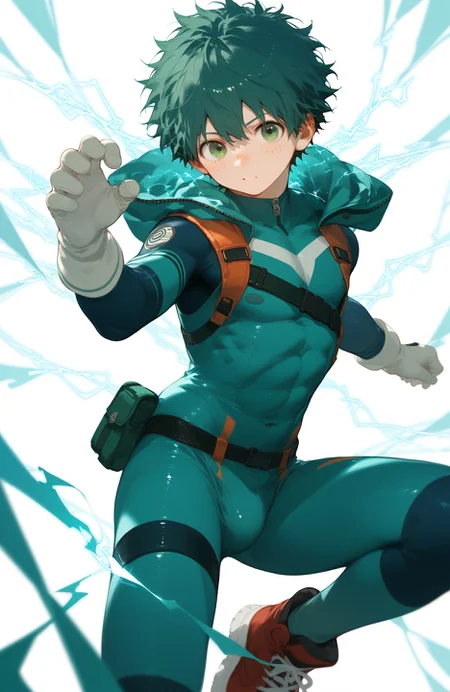 score_9,score_8_up,score_7_up,score_6_up,source_anime,softnai3style,
<lora:softNai3Style01:1>,
solo, midoriya izuku, 1boy, male focus, freckles, red footwear, simple background, green eyes, gloves, green hair, white gloves, hooded bodysuit, white background, electricity, bodysuit, looking at viewer,,