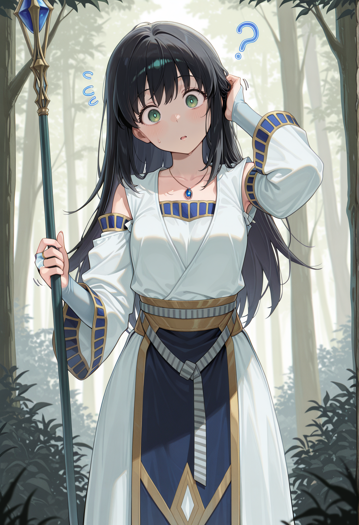 1girl, solo, outdoors, forest, black hair, long hair, pendant, green eyes, white dress, long sleeves, wide sleeves, detached sleeves, bare shoulders, bridal gauntlets, confused, scratching head, head tilt, holding staff <lora:viki_illus:1>, masterpiece, best quality, amazing quality, very aesthetic, absurdres, highres, newest