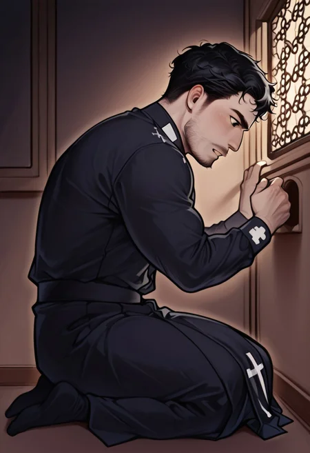 score_9, score_8_up, score_7_up, score_6_up, masterpiece, best quality, detailed eyes, detailed face, face_focus, (solo, full body, domfth transformation into demon, mid transformation, sitting, side view), (SinfulConfession, confessional, dark lighting, lattice window, confession, dark room, bara, facial hair, short hair, priest clothes, black eyes, black hair), muscular male, realistic,