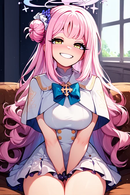 score_9, score_8_up, score_8, medium breasts, (curvy), cute, eyelashes, ,,, <lora:MikaMisono_BlueArchive_PDXL:1>, zzMika, pink hair, halo, yellow eyes, long hair, single side bun, hair flower, pink halo, hair ornament, white dress, blue bow, hair bun, scrunchie, white capelet, ,,, hand between legs, blush, smug, ,,, smile, looking at viewer, blush, blurry, couch, sitting, ,,, <lora:Afrobull_PDXL_v5:0.8>, , ,,, BREAK, smile, looking at viewer, cowboy shot, embedding:zPDXL, Expressiveh, <lora:SDXLFaeTastic2400:0.5>, <lora:Expressive_H-000001:0.4>,
