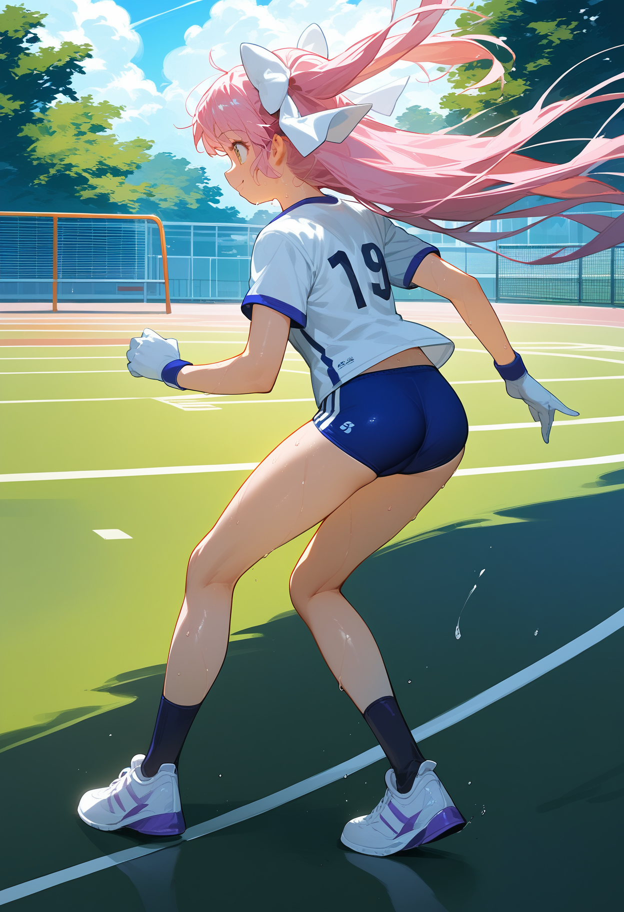 <lora:An25-001C-UM_Tpony_v1.2-000156:0.9>, 
score_9, score_8_up, score_7_up, score_6_up, score_5_up, score_4_up, source_anime, anime, full body, 
back light, running, sweat, 
., 
1girl, an25_um, solo, long hair, closed mouth, smile, white bow, white gloves, japan school sportswear, sports shoes, 
outdoor, playground, track