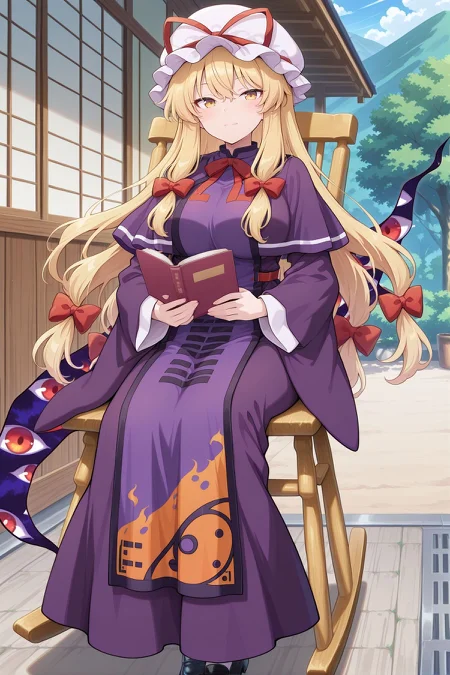 absurdres, highres, masterpiece, best quality, amazing quality, official anime artwork, screencap, anime screencap, outdoors, looking at viewer, light smile, dynamic pose, standing,
<lora:Yukari-Yakumo_IllustriousV2:1>  yakumo yukari, 1girl, solo, yellow eyes, blonde hair, long hair, sidelocks, large breasts,, alternate costume, mob cap, hat ribbon, hair bow, red bow, red bowtie, purple capelet, purple dress, wide sleeves, long sleeves, purple tabard, eye print, black shoes, holding book, open book, rocking chair, sitting, gap (touhou),