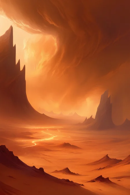 <lora:Noah Bradley Style:1>Noah Bradley Style - An environment concept art piece by Roberto Ferri for a DnD game, showcasing a storm-ridden desert landscape. Rendered in the fast and dynamic style of speed painting, the scene depicts whirling sandstorms casting a golden haze over the vast, undulating dunes. Using digital media on a virtual canvas, Roberto Ferri's signature mix of realism and fantasy elements brings the scene to life. The lighting captures the atmospheric interplay of the desert sun's harsh brightness diffused through the swirling sands. The color palette centers on various shades of golden yellows, dusty browns, and sun-bleached whites, contrasting with the deep, stormy blues of the towering clouds. The composition uses a wide-angle lens shot, emphasizing the desert's immensity and the powerful scale of the sandstorms, pulling the viewer into the heart of the tempest.