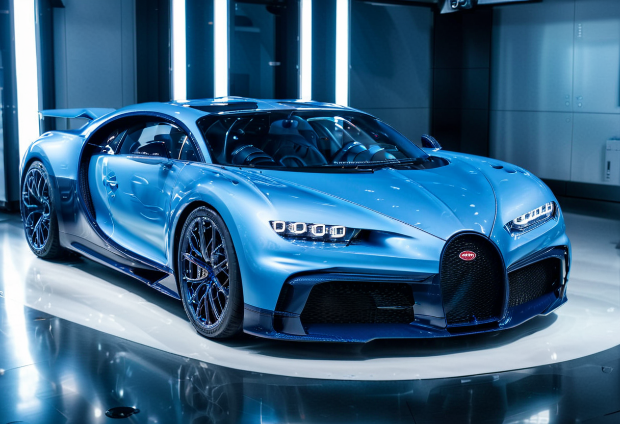 A bugatti ch1r0n in an exhibition stand, presented as a centerpiece for a luxury auto show. The car is positioned on a sleek, illuminated platform with its metallic blue body glistening under spotlights. The design details, such as the curved lines, aerodynamic build, and signature Bugatti grille, are prominently showcased. The background features a modern exhibition space with glass walls, branding banners, and a minimalistic but luxurious atmosphere. Onlookers, elegantly dressed, observe the car from a respectful distance. The ambiance is upscale, with a polished floor reflecting the car's elegant design." 
<lora:bugattich1r0n:1>,bugatti ch1r0n,<lora:SDXLFaeTastic2400:0.4> <lora:extremely_detailed:0.4> extremely detailed, Masterpiece,best quality,hi res,8k,hi res,8k,award winning,(sharp focus, intricate, highly detailed),