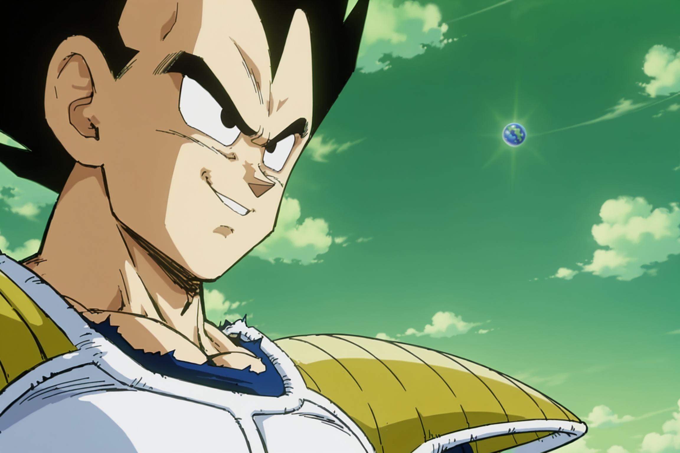 anime screencap, masterpiece, best quality, amazing quality, very aesthetic, absurdres,  newest, (scenery, volumetric lighting),dappled sunlight, 
vegeta, namek saga, planet namek, meme, official style, solo, black hair, spiked hair, 1boy, male focus, black eyes, happy, saiyan armor, white trim, shoulder armor, blue bodysuit, white gloves, upper body, smile, creepy face, green sky, standing, close-up, torn clothes, cloud, looking at another, no pupils, 
<lora:Vegeta_IL_V2:0.8>