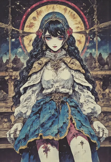 anime screencap,retro anime style,A gothic, ethereal portrait. The style is detailed and atmospheric,Anime Style,mythp0rt,A long haired woman in an oversized white turtle neck and shot blue miniskirt, thighgap formed by plum thighs that feature skin indentation, hime cut with hair ornaments and a beautifull smile, blue eyes, sweet smile, a face lined with golden eye markings and golden jewelry, anklets, armlets, adorn her, facing the viewer, looking down at the viewer, (a pair of white boots reaching below knees,made up of feathers, feathers sprouting from the sides),long black hair, extremely large breasts, hair ornaments on the sides, animestyle,aotstyle,(full body shot),futuremadness,RetroSci styleart by incase, digital art, digital painting, digital illustration, digital drawing, fluorescent, glow, vivid colors,RetroFutureDystopia