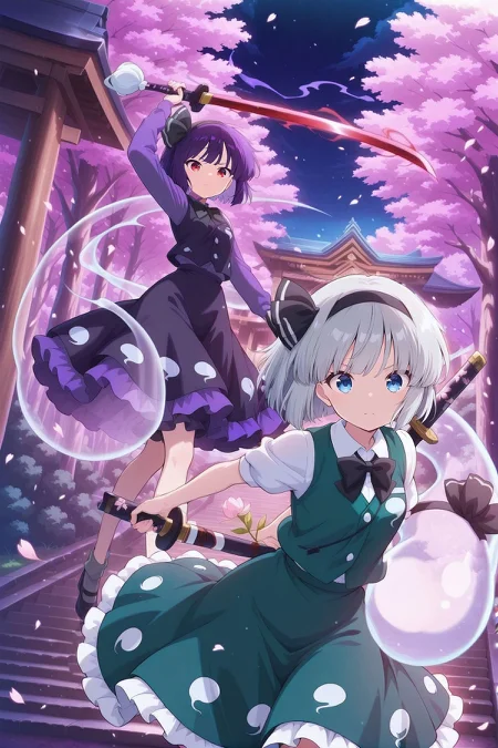 outdoors, looking at viewer, dynamic pose, 2girls, side by side, light particles, petals, danmaku, night, sakura, stairs, shrine, hitodama, BREAK
absurdres, highres, masterpiece, best quality, amazing quality, official anime artwork, screencap, anime screencap, <lora:Youmu-Konpaku_IllustriousV2:1> BREAK
konpaku youmu, 1girl, solo, red eyes, purple hair, short hair,, konpaku youmu \(mysterious sword master\), alternate color, alternate hair color, black hairband, black bow, black bowtie, black vest, grey shirt, long sleeves, black skirt, frilled skirt, holding sword, serious, sheath, BREAK,
konpaku youmu, 1girl, solo, blue eyes, grey hair, short hair,, black hairband, hair bow, black bow, black bowtie, white shirt, collared shirt, puffy short sleeves, green vest, green skirt, frilled skirt, holding sword, serious, sheath,