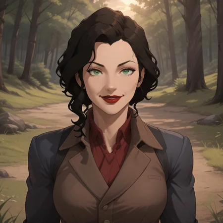 score_9, score_8, BREAK, solo, Asami_Sato_(The_Legend_of_Korra), long hair, black hair, green eyes, red lips, jacket, skirt, high boots, self portrait, smile, looking at viewer, outdoors, sunlight, shadows, evening lighting, natural lighting, forest, trees, grass, orange sky, sunset