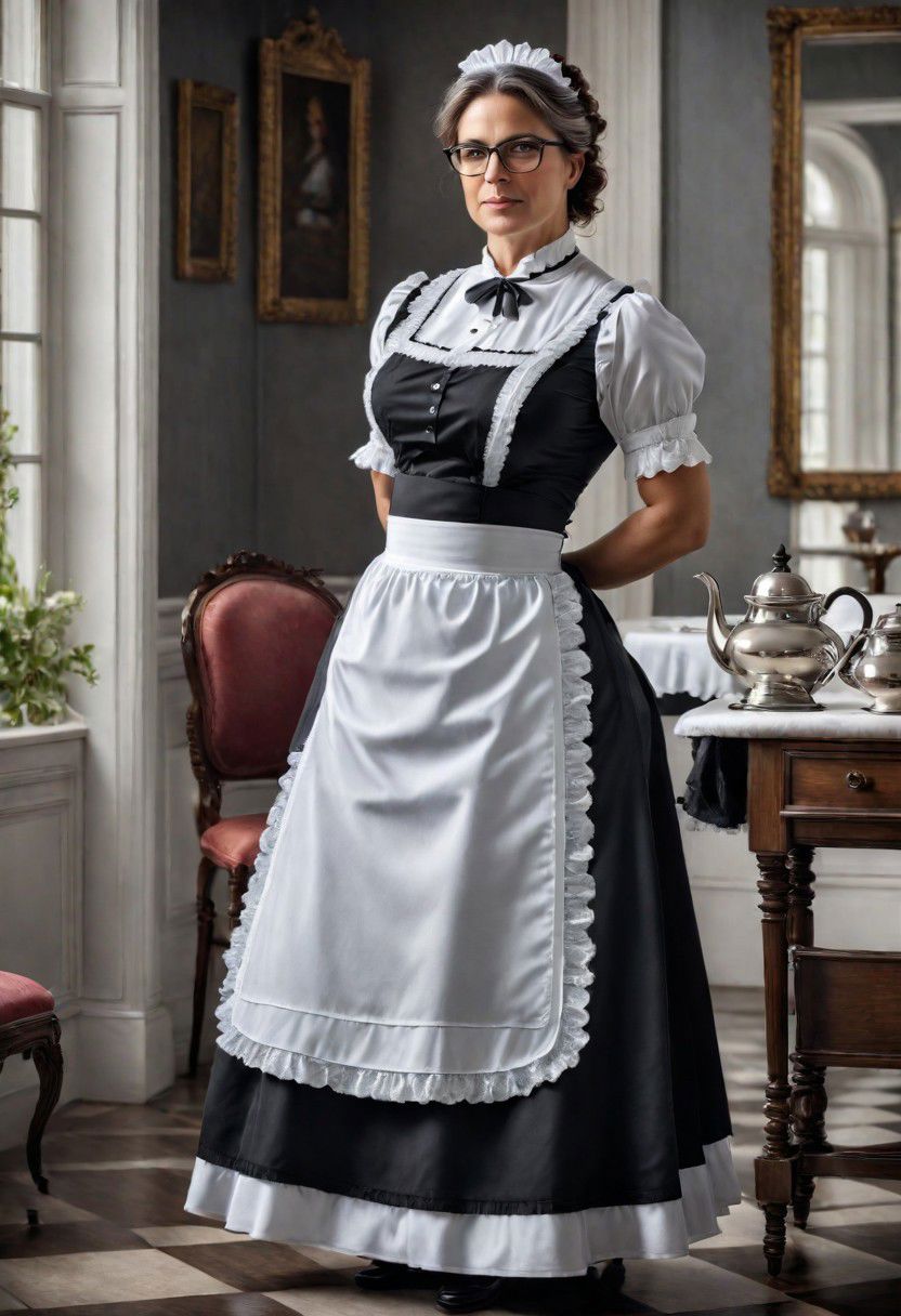 full body shot of a beautiful 45 year old woman, medium length brown hair streaked with gray, gray eyes, glasses, square face, rounded cheeks, hourglass figure, slightly overweight, victorian maid, standing in a victorian parlor, serving tea