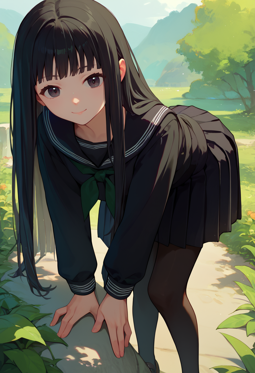 score_9, score_8_up, score_7_up, 1girl, Rinne, black hair, long hair, black eyes, black serafuku, long sleeves, green neckerchief,  black skirt, black pantyhose, v, light smile, closed mouth, looking at viewer, outdoors, bent over, front view,    <lora:Rinne new  7-000010:1>