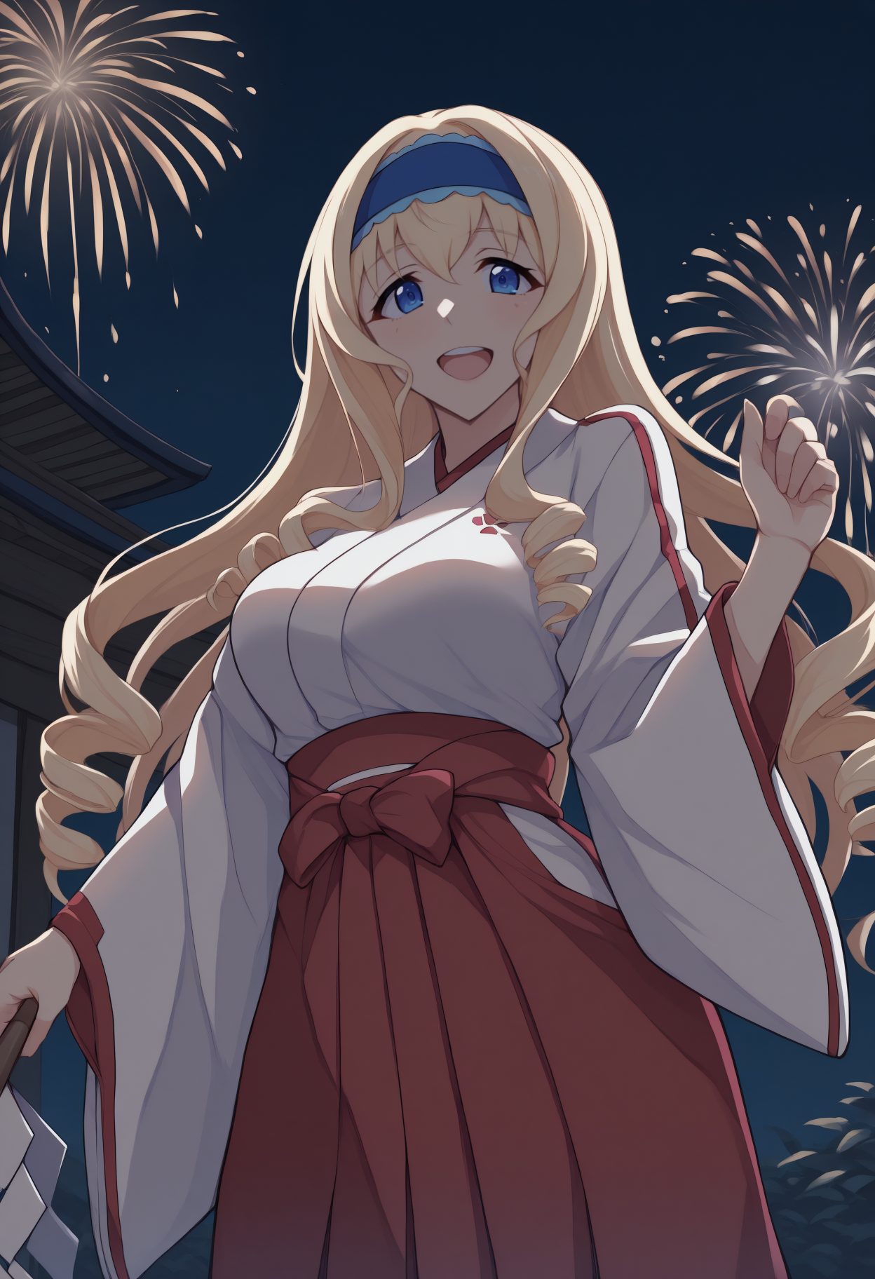 anime, masterpiece, best quality, solo, 1girl, c3ciliaalc0tt, :d, upper teeth only, looking at viewer, standing, hand up, holding gohei, haraegushi, drill hair, blue hairband, japanese clothes, white kimono, wide sleeves, red hakama, outdoors, night, east asian architecture, fireworks, high contrast
<segment:yolo-Anzhc Face seg 640 v2 y8n.pt,0.4,0.5//cid=1>
