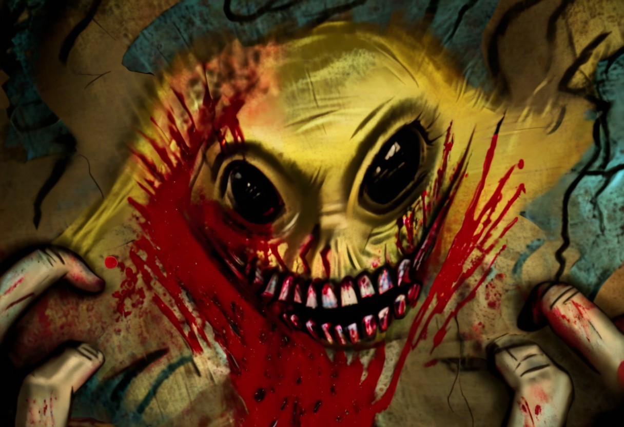 postal1, Monster, bloodyface, blood, looking at viewer, smiling, perfecteyes