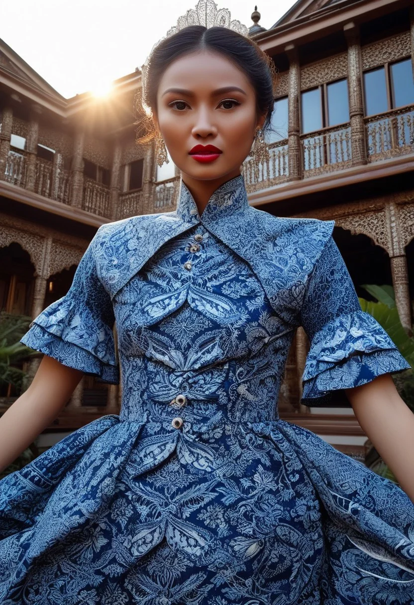 Indonesian_Batik_Morph, ryouko, female, solo, masterpiece, best quality, highly detailed, sharp focus, dynamic lighting, evening with golden hour lighting, professional grade, Photo realistic, Natural atmospheric lighting, intricate details, 35mm photograph, film, professional, 32k visuals, highly detailed, elegant, (scenery:2), (outdoor:2), golden hour, sunset, close up, ultra detailed, 32k, UHD, colorful, high quality, sharp focus, glamorous, (Victorian dress:1.9), European woman, 1girl, wrinkles, (anatomically correct:2.2), (fully dressed:2), (Indonesian_Batik_Morph mansion:2.6), dynamic position, She has blue eyes. face and upper body of an arrogant lady, exotic, stunningly beautiful 25 year old woman , high cheekbones, wearing red lipstick, natural eyes, black eyeliner and false eyelashes. She has thick lips and is gorgeous,