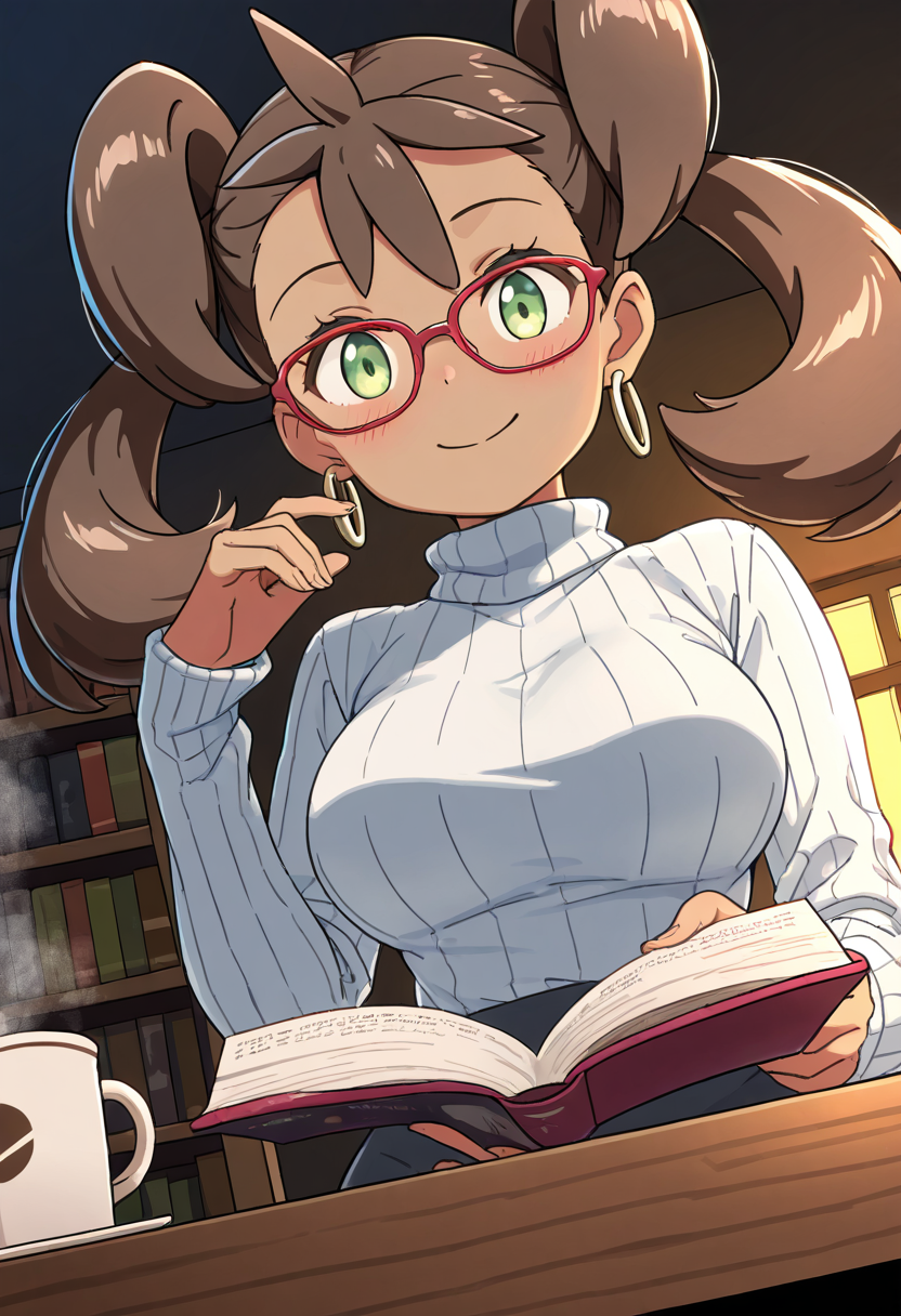 masterpiece, best quality, solo, curvy, beautiful eyes,  smile, looking at viewer, foreshortening, wide hips, narrow waist, upper body, close up, dynamic angle,   zzShauna, dark skin, twintails, brown hair, long hair, green eyes, <lora:ShaunaPokemon_IXL_v1:0.8>,[Cozy Intellectual Charm], Warm turtleneck sweater, small hoop earrings, reading glasses, soft scarf, Sitting at a wooden table in a quiet library, steam curling from a coffee cup, surrounded by books and ambient golden lighting through tall windows.