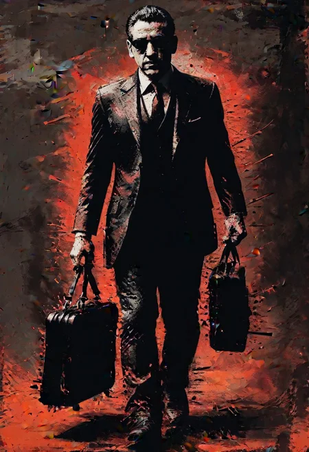 impactful paint of a mafioso carrying a briefcase, highly detailed, professional painterly, high contrast, oversaturated, deep blacks, painterly, color splashing, 4k, uhd, masterpiece