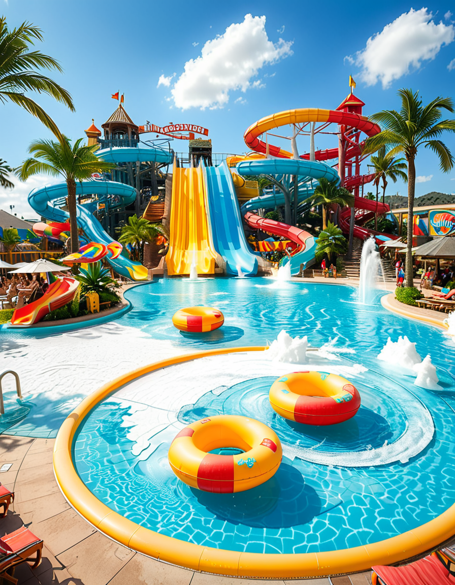 A vibrant and exciting water park on a sunny summer day, filled with families and friends enjoying the attractions. In the foreground, a massive twisting water slide with bright colors (blue, yellow, and red) spirals down into a large, crystal-clear pool. People are mid-air, splashing into the water with big smiles and excitement on their faces. To the left, a lazy river with inflatable tubes gently floats visitors under small waterfalls and palm trees. In the center, a giant wave pool creates artificial waves, with children and adults riding them on inflatable boards. A tall, multi-story play structure with water cannons, tipping buckets, and small slides is surrounded by kids laughing and playing. The background features lounge chairs with sunbathers, colorful umbrellas, and a snack bar selling ice cream and drinks. The sky is bright blue with fluffy white clouds, and the sunlight reflects off the wet surfaces, enhancing the cheerful summer atmosphere. The overall mood is fun, energetic, and full of joy.
<lora:SDXLFaeTastic2400:0.4> <lora:extremely_detailed:0.4> extremely detailed, <lora:water_p4rk:1>,water p4rk, Masterpiece,best quality,hi res,8k,hi res,8k,award winning,(sharp focus, intricate, highly detailed),