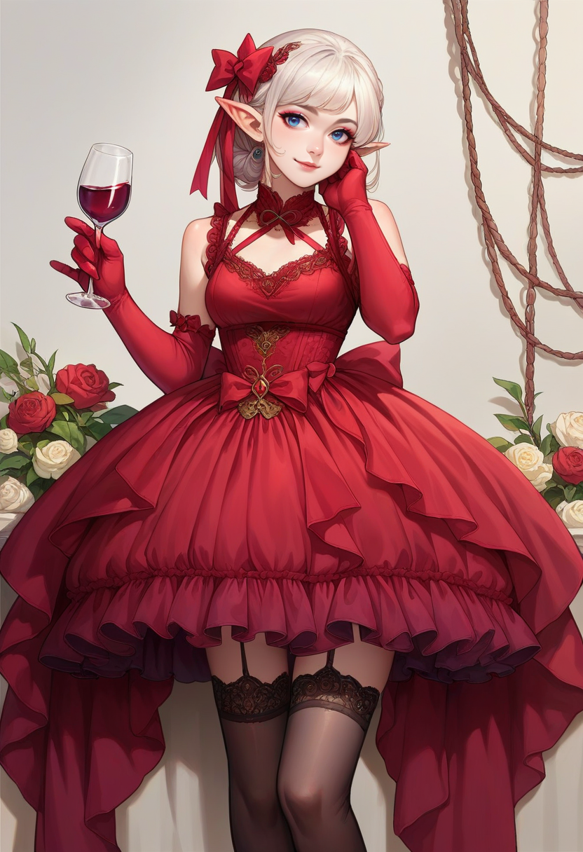 score_9, score_8_up, score_7_up, source_anime, 
<lora:wrenchlogown-000006:1>, wrenchlogown, female, white hair, humanoid pointy ears, blue eyes, medium breasts, light smile, red dress, thigh highs, embroidery, makeup, footwear, elbow gloves, ribbons, holding cup, hand on cheek, wine glass,