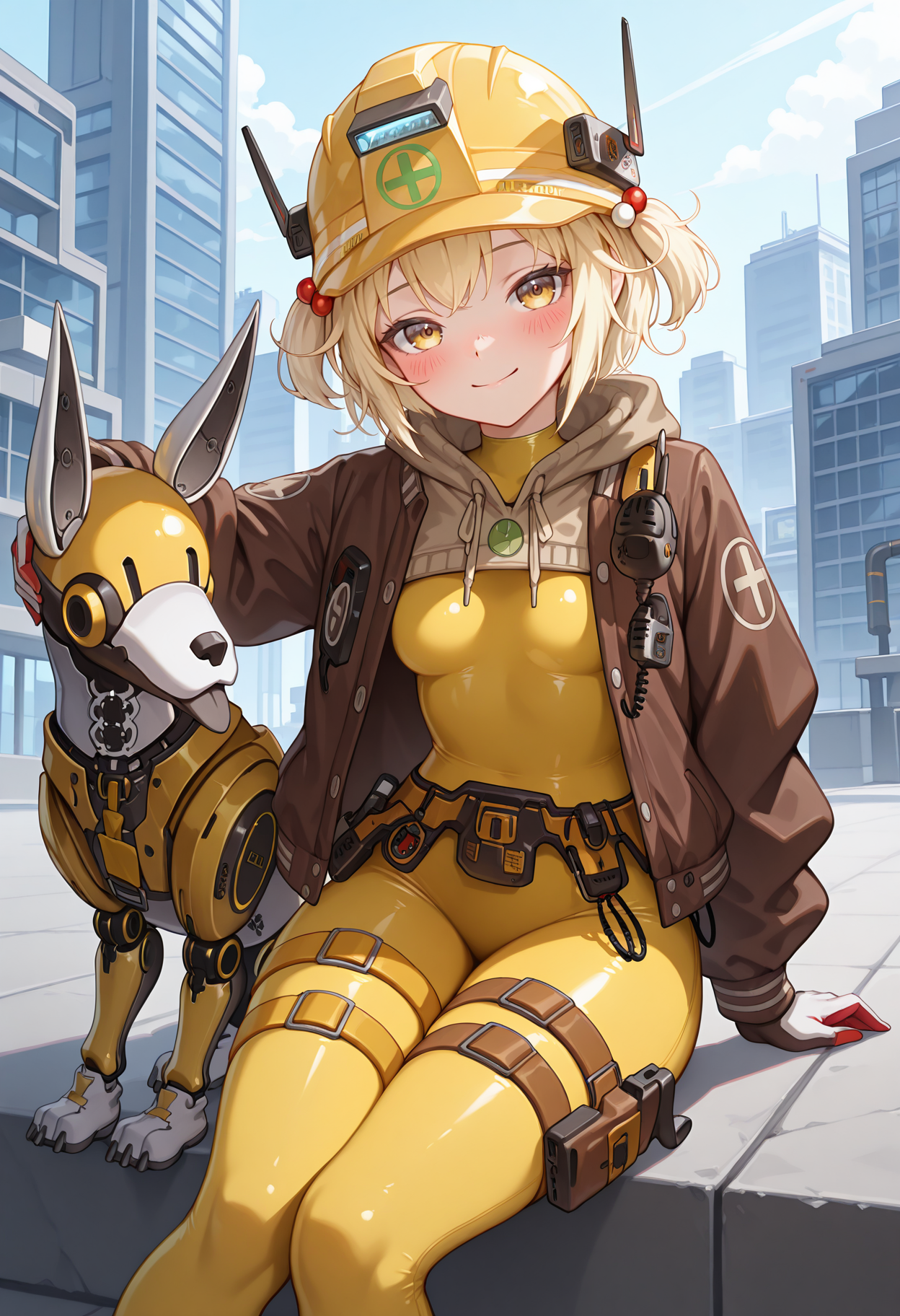 highres, best quality, masterpiece, outdoors, science fiction,
1girl, solo, nkliter, blonde hair, short hair, two side up, yellow eyes,
literdef, yellow helmet, hair bobbles, yellow bodysuit, skin tight, brown jacket, drawstring, open jacket, hood, hood down, walkie-talkie, holster, utility belt, belt, two-tone gloves, thigh strap,
looking at viewer, blush, smile, head tilt,
sitting, legs together,
robot dog, robot,
<lora:_liter_nikke-elesico-ilxl1b:1.2>
