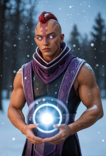 1boy,
dark skin, dark-skinned male,
muscular, muscular male,
mohawk,red hair, bald,
scar,
purple eyes, no pupils, blank eyes,
facial marks,
anti_mage_v1
<lora:anti_mage_V1:1> anti_mage_v1, sleeveless, score_9, score_8_up, score_7_up, score_6_up, derpibooru_p_95,
detailed eyes, beautiful, detailed background, perfect eyes,
blur censor, blurry, blurry background, blurry foreground, bokeh, motion blur,
chromatic aberration, depth of field, figure, focused, focus
photography, realistic sun light and shadows, photorealism, UHD --ar 9:16 --style raw --stylize 700,
solo,
winter, snow, snowing, glowing snowflakes, night, dark,, The scene is dynamic and filled with motion,