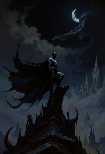 A surreal oil painting blending Beksiński’s dark surrealism with Goya’s gothic drama, portraying Batman as a solitary embodiment of fear and power. He stands atop a jagged spire, his tattered black cape billowing unnaturally, morphing into shadowy tendrils that twist and coil, as if consuming the void around him. His armor, a matte black shell etched with faint, glowing electric blue veins, radiates an ominous energy, its angular design capturing fragmented light in sharp contrasts. His stance exudes tension and control, with one knee bent slightly and his body leaning forward, his piercing white eyes glowing with an unrelenting gaze that cuts through the oppressive darkness. Beneath him lies a nightmarish terrain of grotesquely elongated gargoyles and crumbling spires, their forms merging into an endless, abyssal backdrop of despair. Above, the sky swirls with chaotic shadows punctuated by faint, eerie glimmers of shattered moons, their fragments casting a spectral glow over the scene. Dim, focused lighting highlights Batman's imposing figure, with dramatic shadows emphasizing the jagged contours of his armor and the unnatural flow of his cape. This haunting composition masterfully captures the relentless mystery and dark allure of the Dark Knight, blending gothic horror with surrealist dread. HD, 8K quality, ultra-detailed, masterpiece artwork, flawless anatomy.
