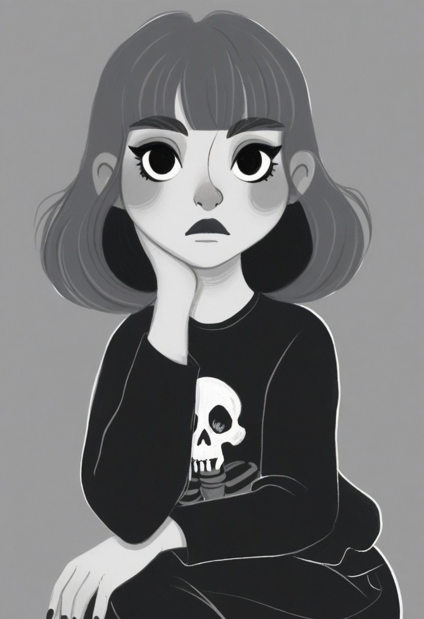 MSMLN, ambient occlusion, depth of field, traditional media, 1girl, skull, monochrome, looking at viewer, medium hair, head rest, simple background, fingernails, solo, closed mouth, shirt, print shirt, blunt bangs, greyscale, makeup, hand on own chin, pants, skull print, sketch, skeleton, nose, expressionless, long sleeves, sanpaku, lips, nail polish