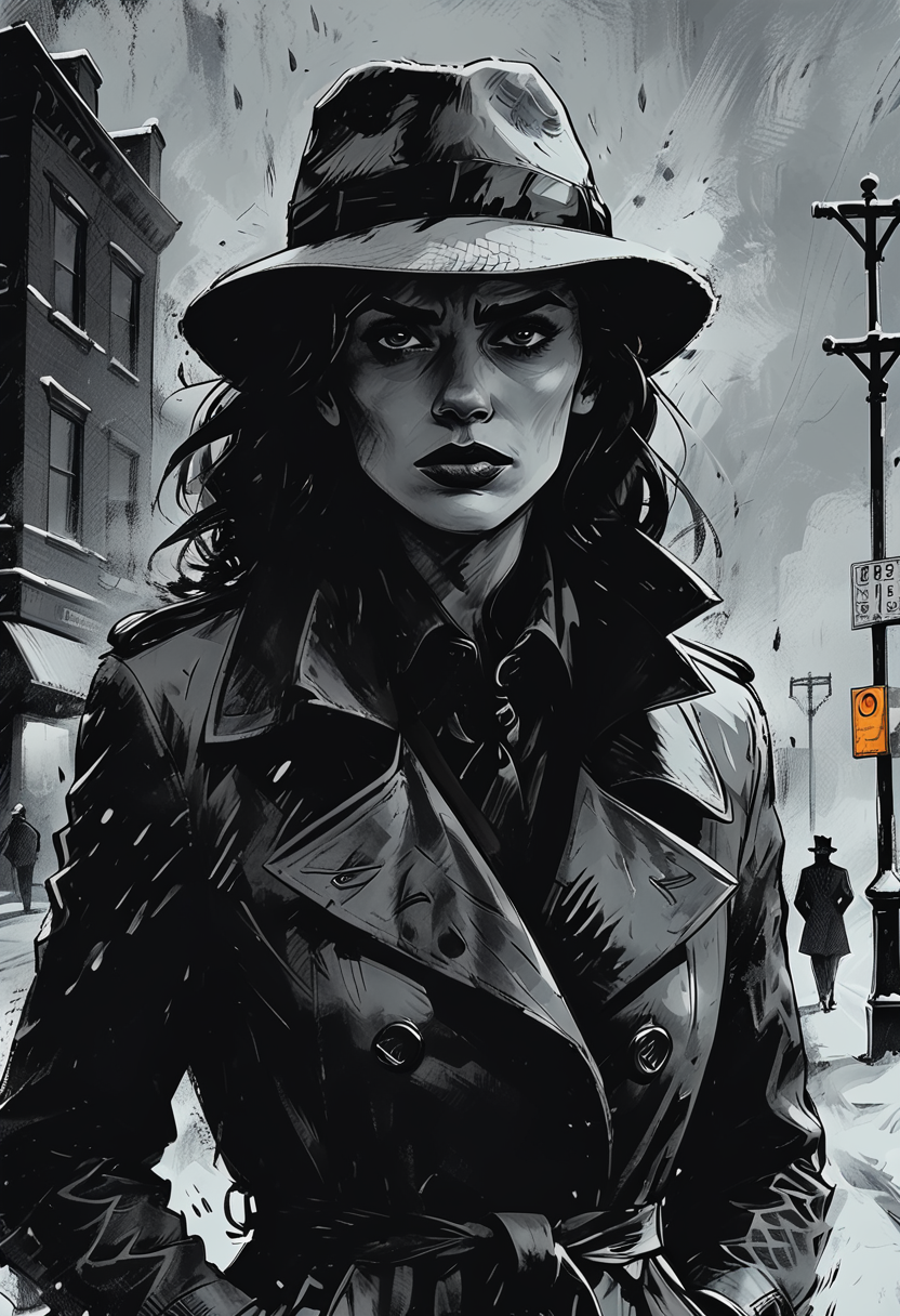 close up, drawing of a moody detective woman standing on a street corner during a strong blizzard, foggy snow storm, low visibility, film noir style, <lora:add-detail-xl:-1>,  <lora:Dark_Novel:0.7>