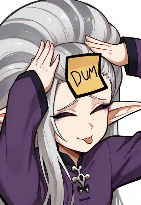 score_9,score_8_up,score_7_up, 1girl, solo,
ss-h5SMatr, pointy ears, no sclera, black eyes, blank eyes, grey hair, very long hair, big hair, headwear, purple dress, purple detached sleeves,
portrait, closeup,
<lora:HoMM_V_-_Shadow_WitchMatriarchMistress_3_elf_girls_-_Heroes_of_Might_and_Magic_5:0.7>,    <lora:AhEtoBlehMeme_pdxl_Incrs_v1:1> AhEtoBlehMeme, closed eyes, tongue out, :p, hands on own head, smile,  <lora:DumStickyNote_XLPD:1> dumstickyNote, sticker,