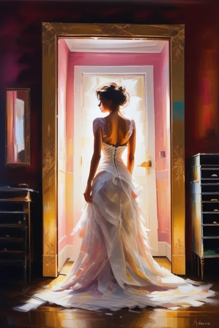 DrA1vynPaint, painting of a beautiful woman, wedding dress, dressing room, mirror
BREAK 
Cinematic angle, unique perspective, dramatic lighting