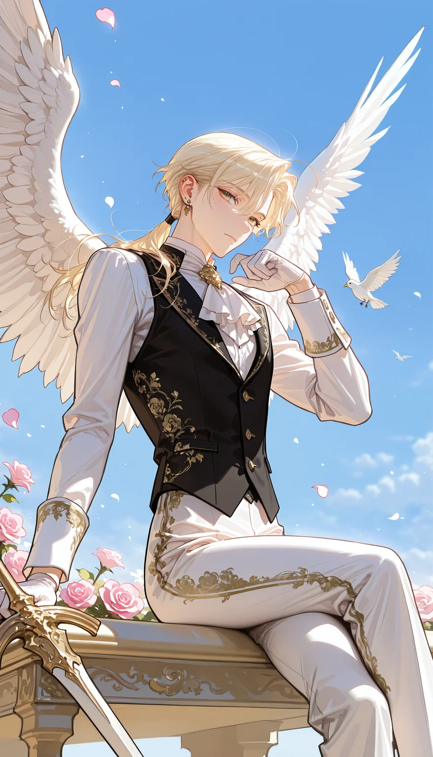 (MWV-Illu, sketch, doujinshi, painterly, sketchy, painterly)
(1boy, skinny, toned_male, muscular_male, solo, long_hair, looking_at_viewer, bangs, blonde_hair, eyebrows_visible_through_hair, red_eyes, shirt, gloves, 1boy, long_sleeves, original, holding, sitting, jewelry, closed_mouth, weapon, yellow_eyes, flower, ahoge, white_shirt, male_focus, earrings, white_hair, wings, sky, outdoors, day, sword, white_gloves, pants, hand_up, vest, holding_weapon, mole, petals, ascot, mole_under_eye, rose, bird, animal, formal, floral_print, feet_out_of_frame, crossed_legs, piercing, feathered_wings, ear_piercing, pink_flower, white_pants, white_wings, pink_rose, white_ascot, bird_on_hand)