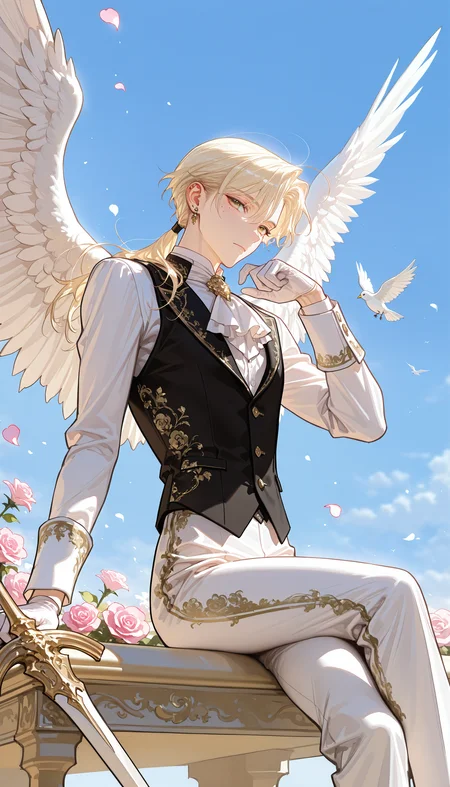 (MWV-Illu, sketch, doujinshi, painterly, sketchy, painterly)
(1boy, skinny, toned_male, muscular_male, solo, long_hair, looking_at_viewer, bangs, blonde_hair, eyebrows_visible_through_hair, red_eyes, shirt, gloves, 1boy, long_sleeves, original, holding, sitting, jewelry, closed_mouth, weapon, yellow_eyes, flower, ahoge, white_shirt, male_focus, earrings, white_hair, wings, sky, outdoors, day, sword, white_gloves, pants, hand_up, vest, holding_weapon, mole, petals, ascot, mole_under_eye, rose, bird, animal, formal, floral_print, feet_out_of_frame, crossed_legs, piercing, feathered_wings, ear_piercing, pink_flower, white_pants, white_wings, pink_rose, white_ascot, bird_on_hand)