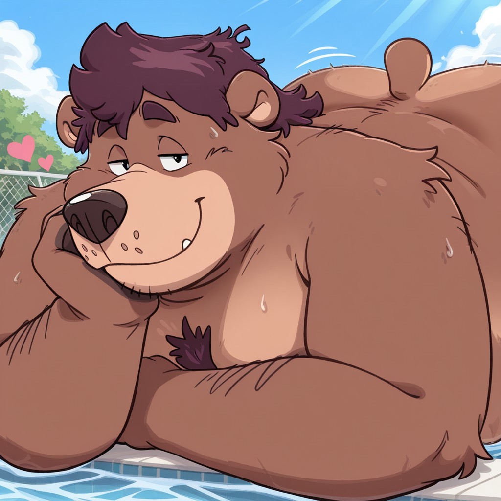 J4n, detail background, male, anthro bear, plump, overweight, fat, brown body/fur, dark purple hair, dark purple chest hair, messy hairstyle, four fingers, short tail, short hair, dark purple eyebrows, round ears, short ears, black nose, black eyes, two tone fur, BREAK solo, leaning against the edge of a luxurious swimming pool, bent over, hand on chin, arms over the smooth tile surface, water glistening on skin under the warm sunlight, gentle ripples forming around them, tranquil atmosphere, BREAK nude, smug expression, in water, sweat, heart, ((upper body, close up)), looking at viewer, sky, clouds