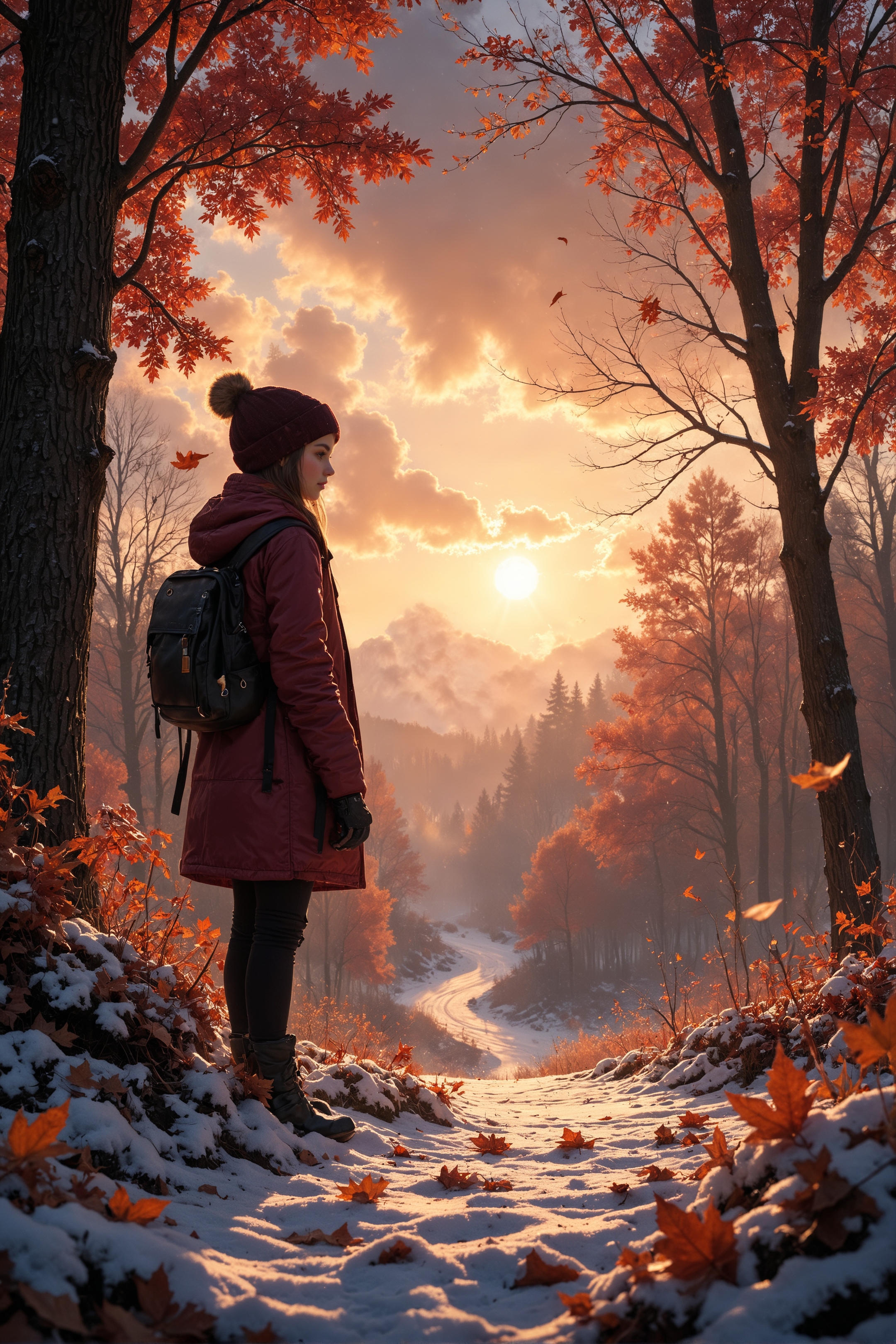 1girl standing next to a McLaren,autumn forest, sunset, leaves falling, first snow,