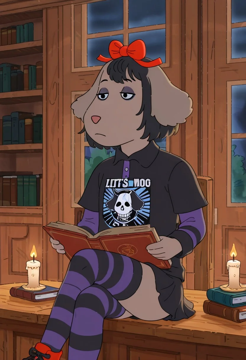 Fern Walters,, 1girl, solo, anthropomorphic dog, animal ears, tannish grey fur. red bow on her head,, emo, black hair, emo hair, dark eyeliner, makeup, sitting, crossed legs, library, reading book, striped thigh highs, goth, goth girl, emo girl, bored, looking at viewer, dark lighting, lit by candle,