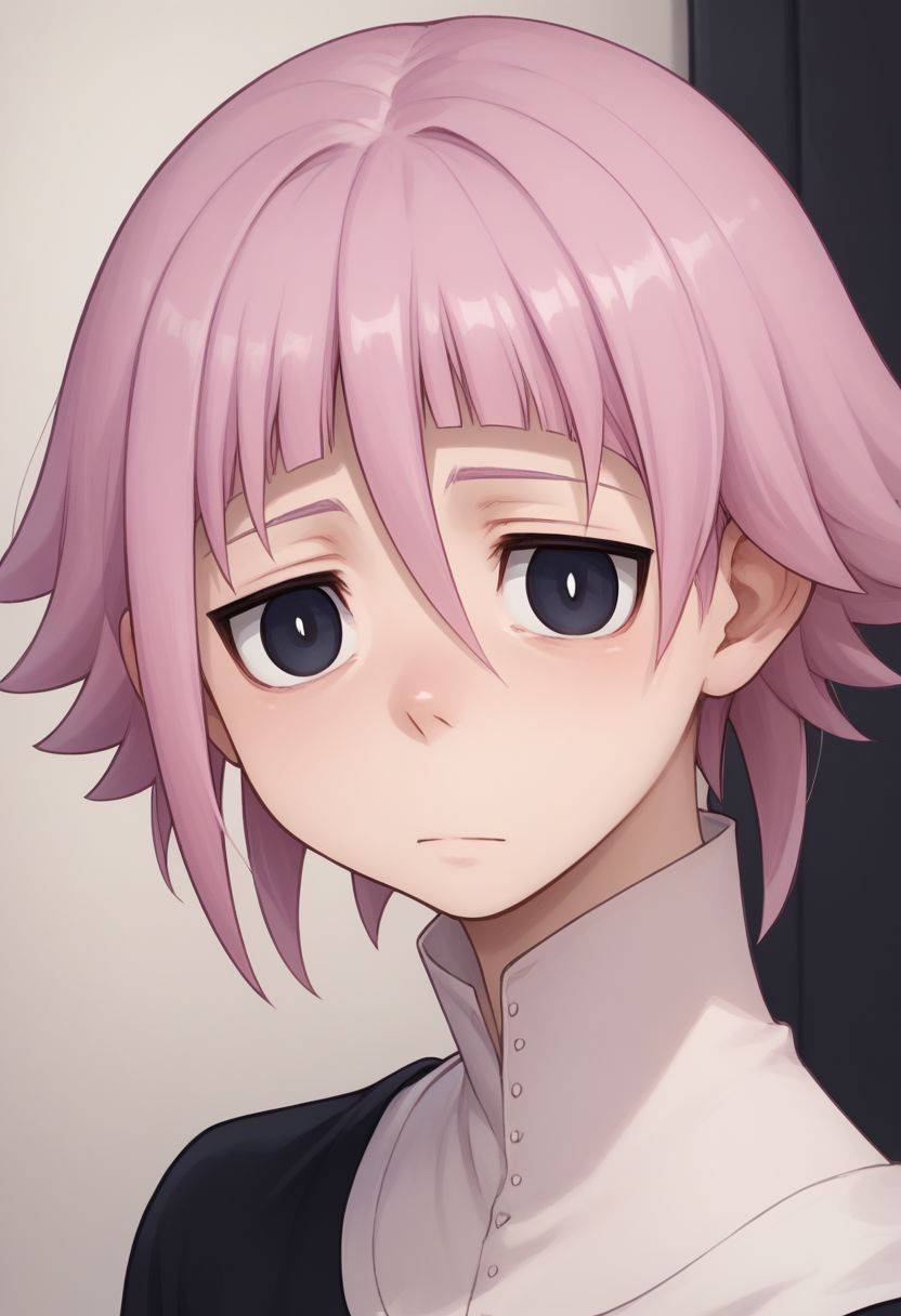 score_9, score_8_up, score_7_up, source_anime, highly detailed, 
crona, 1boy, solo, black eyes, short hair, pink hair, bags under eyes, looking at viewer, closed mouth, hair between eyes,
indoor,