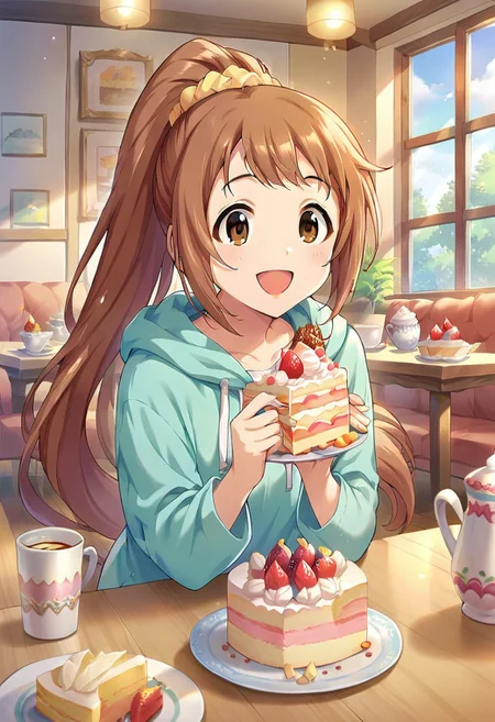 score_9, score_8_up, score_7_up, source_anime,wakabayashi tomoka, long hair, brown hair, ponytail, brown eyes, 1girl, food, open mouth, table, smile, hood, cup, scrunchie, cake, indoors