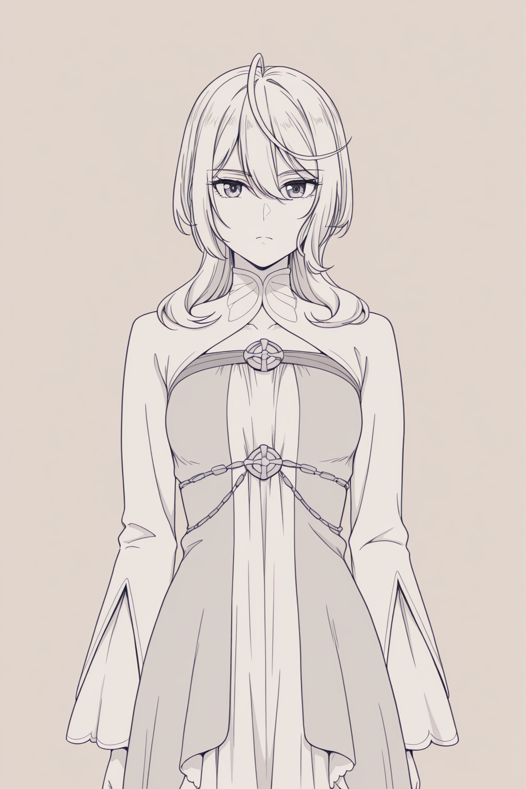 looking at viewer,facing viewer, front viewer,<lora:robo_ink-guy90-IllustriousV1:1> knibor, monochrome, simple background, greyscale <lora:Philia_Adenauer__The_Too-Perfect_Saint__Kanpekisugite_Kawaige_ga_Nai_to_Konyaku_Haki_sareta_Seijo_wa_Ringoku_ni_Urareru:1> philia adenauer, hair,ahoge,long hair,blunt bangs,hair over shoulder,hair betveen eyes, eyes,small breasts,serious face,dress, two-tone dress,  dress, white dress, sidelocks, long sleeves,, breasts,digital illustration,1girl, masterpiece, best quality,highres,