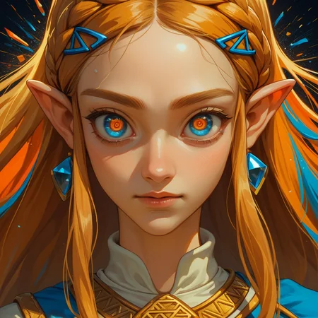 source_anime, colorful, score_9, score_8_up, score_8, (masterpiece), eyedetailxl, bettereyes, detailed_eyes, upper_body, bust, BREAK, 1girl, Princess Zelda, multicolored_eyes, blue eyes, orange eyes, bright_pupils