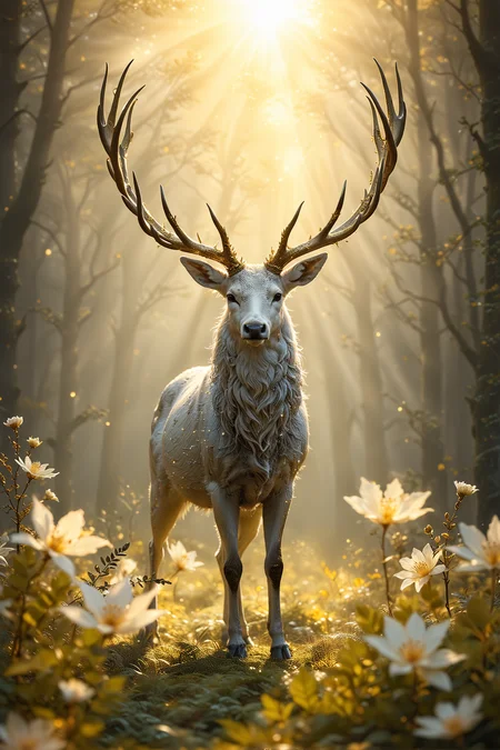 hyper realistic, a majestic white stag with golden antlers standing in a sunlit clearing, surrounded by ethereal forest spirits, glowing flora, magical atmosphere <lora:ral-sld:1> ral-sld <lora:add-detail-xl:1> <lora:MJ52:0.35>, <lora:SDXLFaeTastic2400:0.325>, (settings by AIDigitalmediaaggency:0.0001), OverallDetailXL
