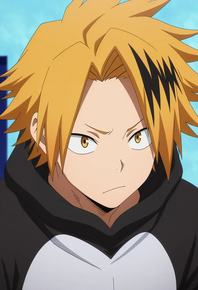 masterpiece, best quality, , anime screencap, anime coloring, , , depth of field, 1boy, solo, male focus, <lora:denki_kaminari_ilxl:1>, denki_kaminari, blonde hair, yellow eyes, short hair, spiked hair, multicolored hair, two-tone hair, black hair, streaked hair, , gorilla costume