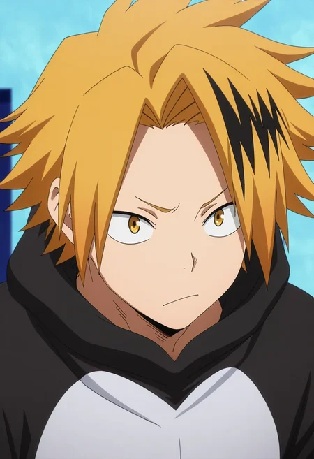 masterpiece, best quality, , anime screencap, anime coloring, , , depth of field, 1boy, solo, male focus, <lora:denki_kaminari_ilxl:1>, denki_kaminari, blonde hair, yellow eyes, short hair, spiked hair, multicolored hair, two-tone hair, black hair, streaked hair, , gorilla costume