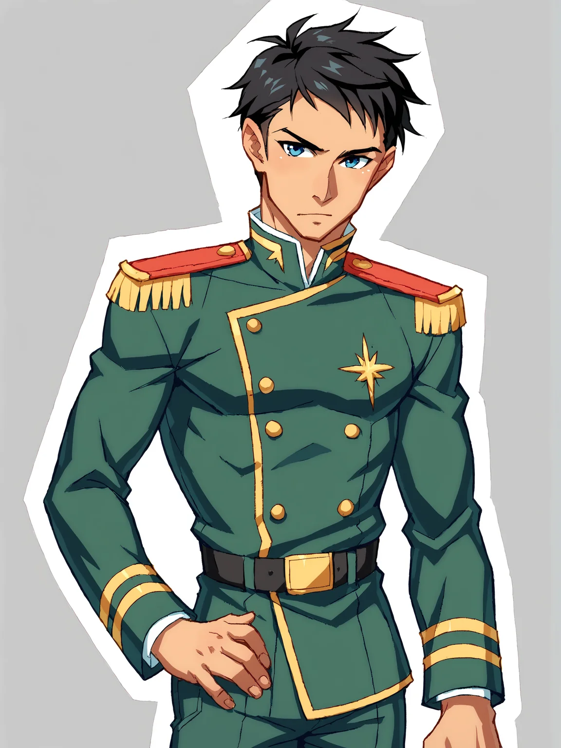 score_9, score_8up, score_7up, score_6up, score_5up, score_4up, BREAK
sz4d3k, abstract background, BREAK
young male, solo, black hair, blue eyes, military uniform, epaulettes, pants, BREAK
source_cartoon, rating_safe, BREAK
<lora:Szadek:1>
