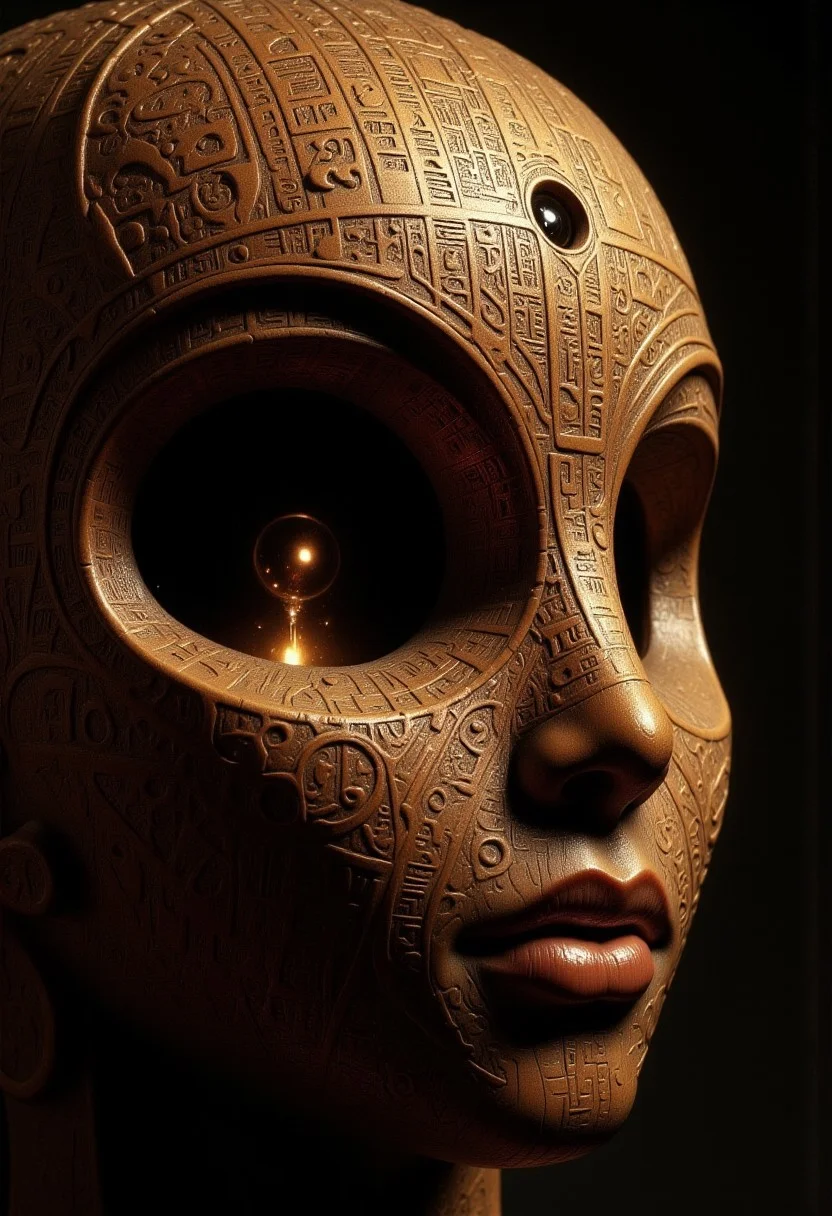 An ultra close-up portrait of an Ancient Egyptian deity, showing just over half of the face, framed asymmetrically from the left. The head is tilted slightly upward, creating an intimate, mystical perspective. The head is a hollow, featureless piece of carved wood, shaped into a smooth, rounded form without facial features. Only the left half of the wooden head is visible, showing the rich texture of polished wood with faint carved patterns resembling ancient hieroglyphs. In the center of the forehead, there is a prominent Eye of Ra-shaped cutout, its edges smooth and precise, symbolizing divine vision and protection. The void is hollow and dark, but a dim golden light glows softly within, casting narrow rays through the Eye of Ra-shaped cutout. The light is subtle and ethereal, giving the void a divine, mystical aura. The wooden surface is smooth and polished, reflecting the soft golden light faintly. The Eye of Ra-shaped void draws the viewer’s gaze into the empty darkness within, symbolizing divine knowledge and cosmic vision. The background is shadowy and minimal, fading into darkness, ensuring the focus remains on the wooden head and the dim golden light. The contrast between the ancient, divine symbol and the modern, surreal void creates a haunting narrative of spiritual power and divine emptiness.