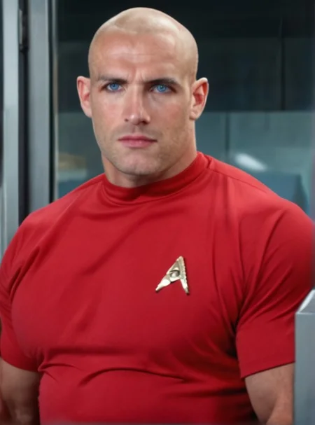1boy, 20 year old male, Handsome, masculine, blonde, star trek, red shirt, muscle, tall, tight shirt, wide pectorals, big shoulders, wide shoulders, muscular neck, German, bald, big pale blue eyes,
stunf, star trek uniform,