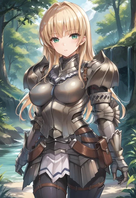 (score_9:0.9),score_8_up,score_7_up,rating_safe,anime style,(zPDXL),(zPDXL3),<lora:Kushala Armor ponyXL v1:0.7>,kushala armor,1girl,solo,long hair,blonde hair,large breasts,looking at viewer,silver shoulder armor,silver breastplate,silver armored gauntlets,kushala girl,green eyes,forest,