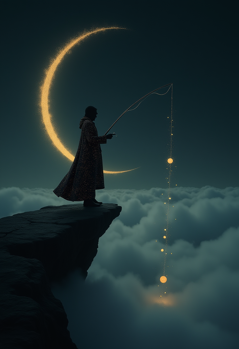 A solitary figure fishing at the edge of a crescent moon. A mysterious figure standing on a curved surface that resembles a crescent moon, its back turned to the viewer. It is fishing with a glowing string of stardust that dips into a sea of clouds. The figure wears a coat that blends seamlessly into the night sky, which is decorated with small glittering stars. Instead of catching fish, the line draws in tiny glowing orbs that resemble planets. The colors used are blacks, grays, and blues for the night sky and clouds, with the figure and planets being the only sources of color - a bright gold for the cape decoration and stars and a soft, glowing white for the planets. The lighting is dim and atmospheric, giving the figure a subtle silhouette. The composition is dynamic, with the curved surface and angle of the figure creating a sense of depth and movement. The image has a surreal and dreamlike quality that evokes feelings of wonder and curiosity. The style is reminiscent of the works of Rene Magritte and Salvador Dali, blending elements of realism with a touch of the fantastical. ,