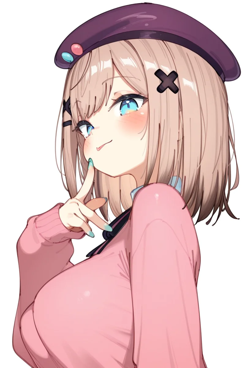 masterpiece, best quality, amazing quality,
<lora:Rasu_IL:1> rasu, 1girl, solo, virtual youtuber, hat, tongue out, tongue, white background, simple background, looking at viewer, hair ornament, blush, upper body, brown hair, purple headwear, blue eyes, x hair ornament, beret, bangs, medium hair, breasts, nail polish, :p, shirt, pink sweater, from side